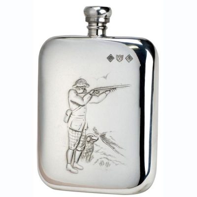 6oz Shooter & Dog Pewter Rounded Flask by Bisley